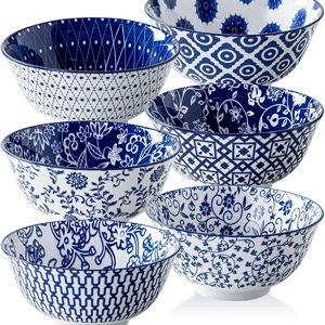 Ceramic Soup Bowls Set - 24 Oz Deep Cereal Bowl for Kitchen - 6 Inch Large Porcelain Dinner Bowl Eating Salad Pasta Dessert Oatmeal - Microwave Dishwasher Safe - Set of 6 - Vintage Blue