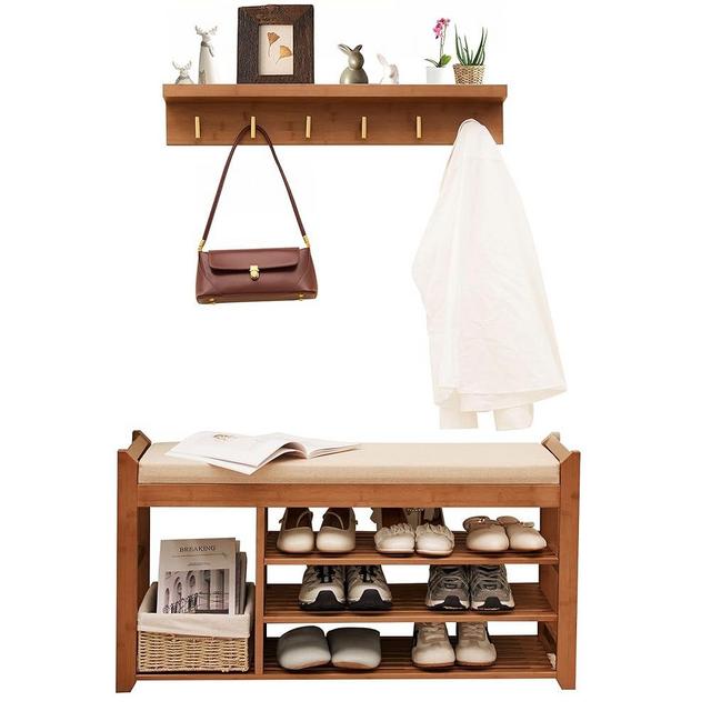 PETKABOO Hall Tree with Bench and Shoe Storage, Coat Rack Shoe Bench Set with Seat Cushion and 6 Hooks for Entryway, Hallway, Living Room and Bedroom