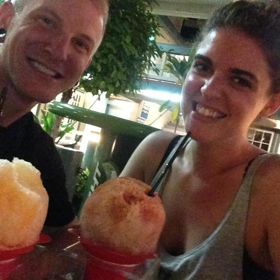 Our first photo together! (we were eating "adult" shave ice...yum!)