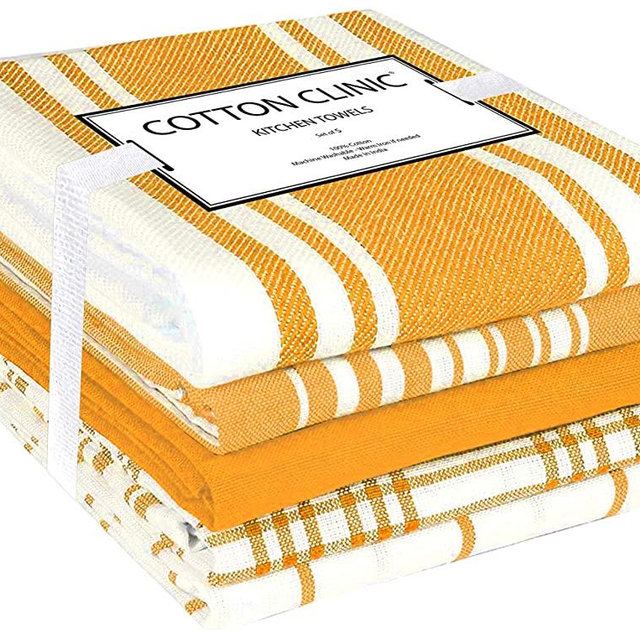 Cotton Clinic Assorted Kitchen Towels 5 Pack – Soft Absorbent Quick Drying Table and Kitchen Linen - Dish Towels, Dish Cloths, Tea Towels and Cleaning Towels with Hanging Loop – 16x28 / Yellow White