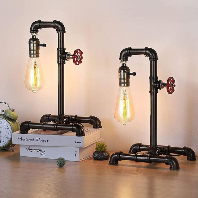 HAITRAL Retro Table Lamp Set of 2 , Industrial Steam Punk Lamp, Loft Style Rustic Bronze Metal Lighting, Pipe Desk Lamp for Bedside, Living Room, Office, Café, Store, Pub (Bulb Not Included)