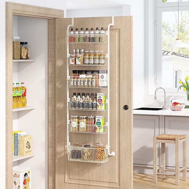 1Easylife 6-Tier Over the Door Pantry Organizer, Metal Pantry Organization and Storage with 6 Baskets, Heavy-Duty Back of Door Spice Rack for Kitchen (5x4.72"+1x5.9" Width Baskets, Cream White)