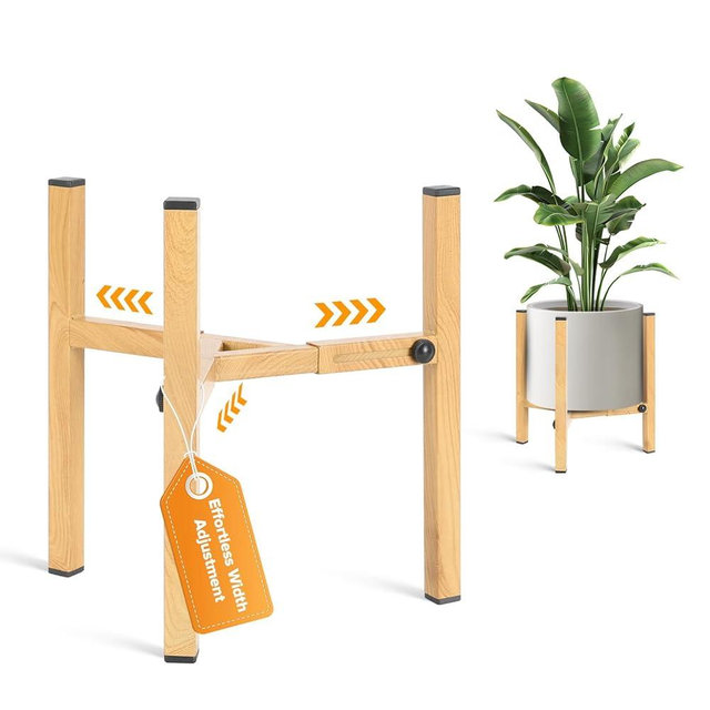 AZADESJET Plant Stand Indoor Adjustable, Metal Modern Indoor Plant Stand, Heavy Duty Plant Stands Outdoor Corner, Stable Plant Holder, Fits 8 to 12 Inches Pots, Black, 1 Pack, Natural Wood-Grain