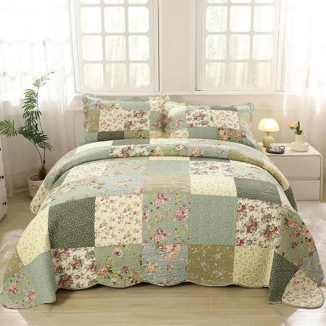 vctops Boho Patchwork Cotton Quilted Bedspread Quilt Set King Size 3 Pieces Soft Reversible Lightweight Coverlet Set Floral Print 1 Quilt and 2 Pillow Shams (Green D,King)