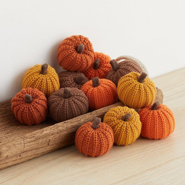 Knit pumpkins set of 12, mini pumpkin decor, orange pumpkim bowl fillers for fall, gold pumpkins for garland, Thanksgiving tablescape, brown (Mini Orange Set 12)