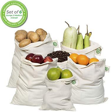 Reusable Produce Bags Cotton Washable - Organic Cotton Vegetable Bags - Cloth Bag with Drawstring - Muslin Cotton Fabric Produce Bags - Bread Bag - Set of 6 (2 Large, 2 Medium, 2 Small)