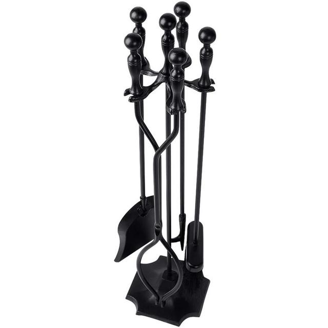 Amagabeli 5 Pcs Fireplace Tools Sets Black Handle Wrought Iron Large Fire Tool Set and Holder Outdoor Fireset Fire Pit Stand Indoor Rustic Tongs Shovel Antique Brush Chimney Poker Wood Accessories Kit