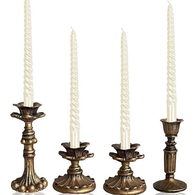 Vintage Candlestick Holder for Taper，Resin Candle Holder Antique Bronze，Decorative for Home Decor Centerpiece for Wedding Party, Wedding Anniversary Decoration，Set of 4(AABC)