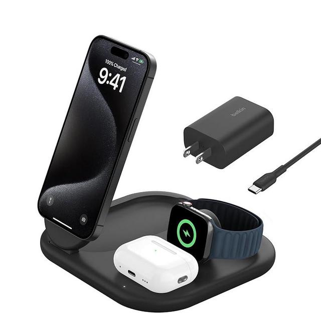 Belkin MagSafe-Compatible iPhone Charger - 3-in-1 Magnetic Foldable Charger 15W - Qi2-Certified Wireless Charging Station for iPhone 16, Apple Watch, AirPods w/Non-Slip Base, PSU Included - Black