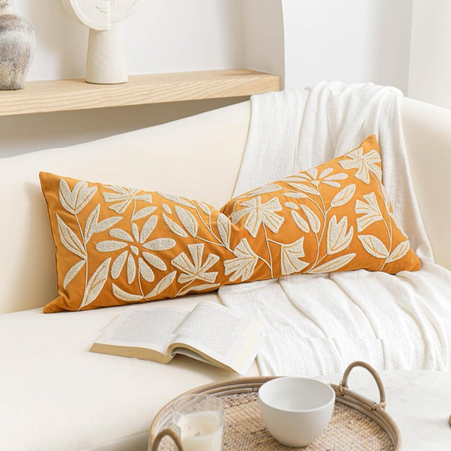BlissBlush 14x36 Lumbar Pillow Cover for Bed, Yellow Mustard Rectangular Long Throw Pillowcase, Embroidered Velvet Floral Tufted Farmhouse Accent Cushion (Cover Only)