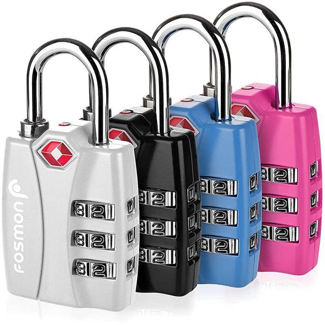 Fosmon TSA Approved Luggage Locks, (4 Pack) Open Alert Indicator 3 Digit Combination Padlock Codes with Alloy Body for Travel Bag, Suit Case, Lockers, Gym, Bike Locks - Black, Blue, Pink, and Silver