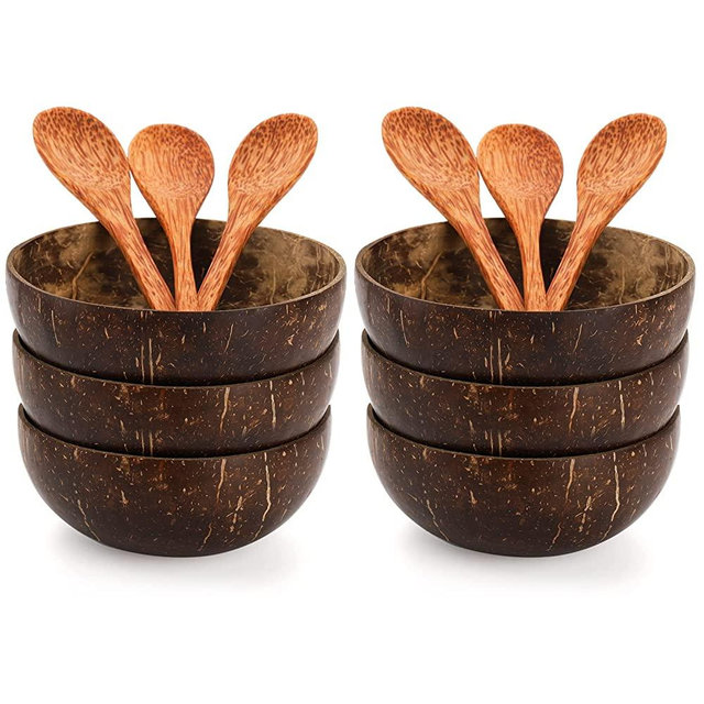 ZENFUN 6 Pack Coconut Bowls and Wooden Spoon, 15 Oz Polished Coconut Bowls, Natural Coconut Shell Bowls Set for Vegan Organic Salad, Smoothie or Buddha Bowls, Kitchen Storage, Lightweight