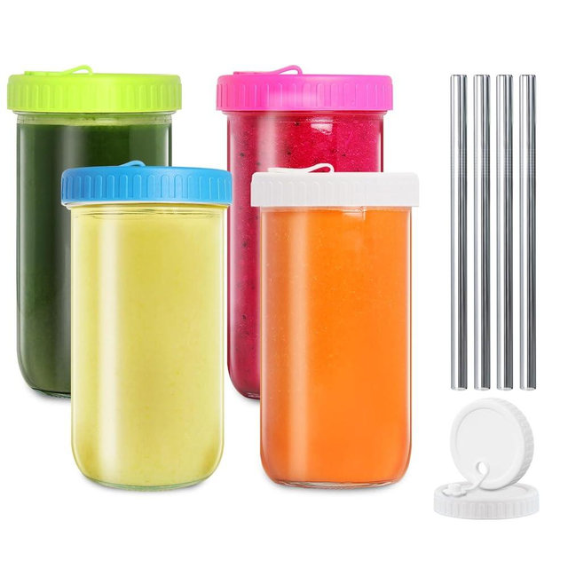 4 Pack Glass Cups Set - 22 oz Mason Jar with Multicolor Lids and Straws, Reusable Iced Coffee Cup Wide Mouth Bubble Cups, Smoothie Bobo Cup, Tumbler Drinking Bottle for Pearl Tea,Juice,Smoothies