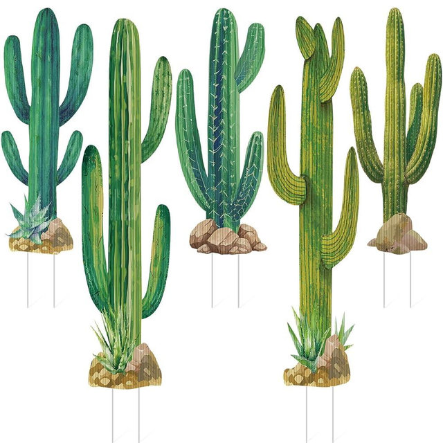 Eaasty 5 Pack 3.15 & 2.1 ft Large Boho Cactus Yard Stakes Signs Decoration Mexican Fiesta Decorations Cinco De Mayo Decor Western Cowboy Party Jointed Cactus Sign for Outdoor Garden Lawn Mexican Party