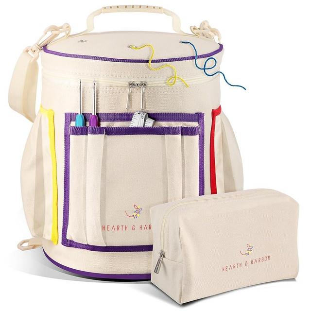 Hearth & Harbor Crochet Bag Organizer – Durable Knitting Bag, Yarn Organizer for Crochet Accessories and Supplies, Canvas Yarn Bag, Crochet Organizer with Accessories Case, Yarn Storage Organizer