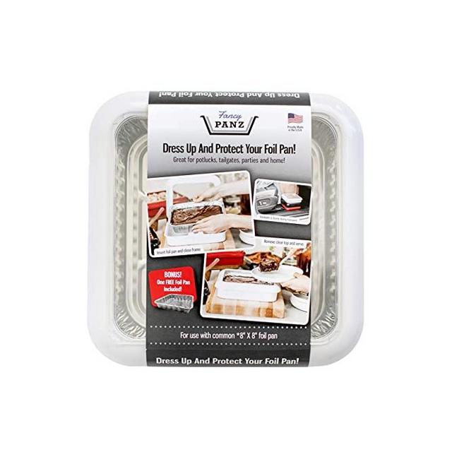 Fancy Panz 8 x 8-Inch Dress Up and Protect Your Foil Pan, 100% Made in USA, 8 x 8 Foil Pan Included. Hot or Cold Food. Stackable for easy travel. Great for potlucks, tailgating & home (White)