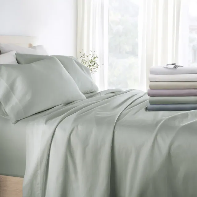 300 Thread Count 100% Cotton 4 Piece Solid Sheet Set Sateen Weave - Becky Cameron, Green Mist, Full