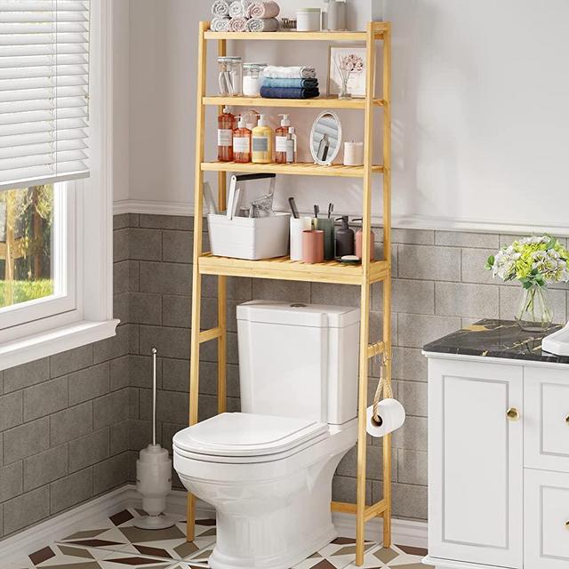 AMBIRD Over The Toilet Storage,Bamboo 4-Tier Over The Toilet Ladder Shelf,Adjustable Bathroom Organizer,Behind Toilet Shelf Rack,Space Saver with Toilet Paper Holder and Hooks