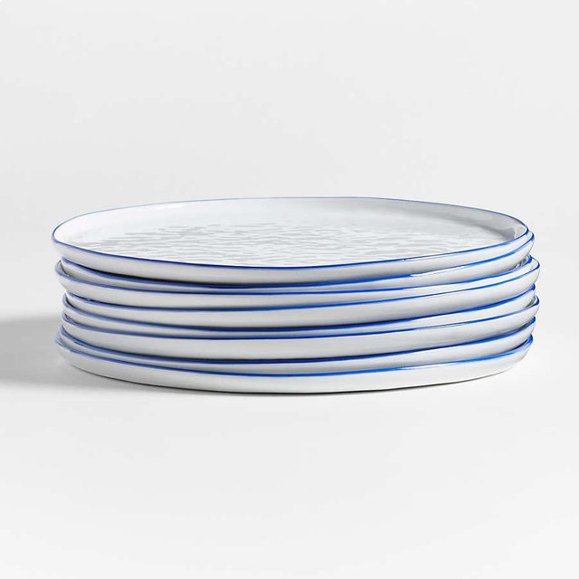 Mercer Blue Rim Round Porcelain Dinner Plates, Set of 8
