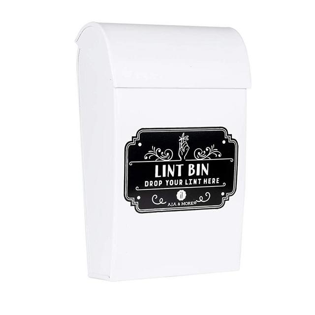 A.J.A. & MORE Lint Bin with Lid - Modern Metal Tin Farmhouse Lint Holder Box - Decorative Laundry Room Space-Saving Solution with Magnetic Wall Mount Strip for Lint Storage - Off White
