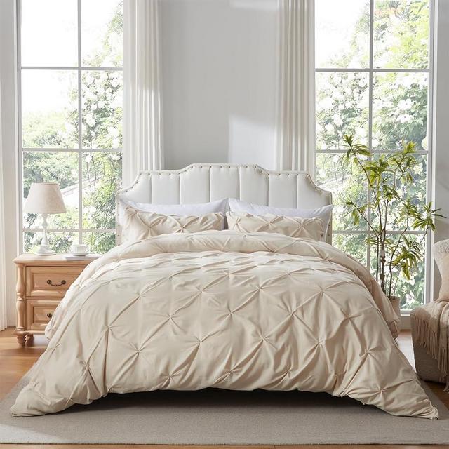 SunStyle Home Pinch Pleated Duvet Cover Khaki 3 Pieces Duvet Covers King Size Soft Microfiber Luxury Duvet Cover with Zipper Closure & Corner Ties for All Season(1 Duvet Cover, 2 Pillow Shams)