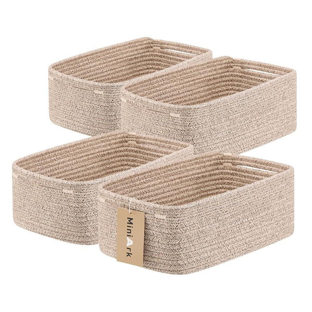 MiniArk Small Storage Baskets for Organizing | Closet Organizer Bins | Shelf Toy Basket | Woven Rope Baskets | Cube Decorative Box | Shallow Basket | 13x8.5x5.1” | 4 Packs Mixed Brown