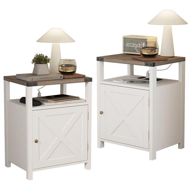 Fameill Nightstands Set of 2, Night Stand with Charging Station, Bed Side Table with Storage Cabinet, Farmhouse End Table for Living Room with USB Ports and Outlets, White