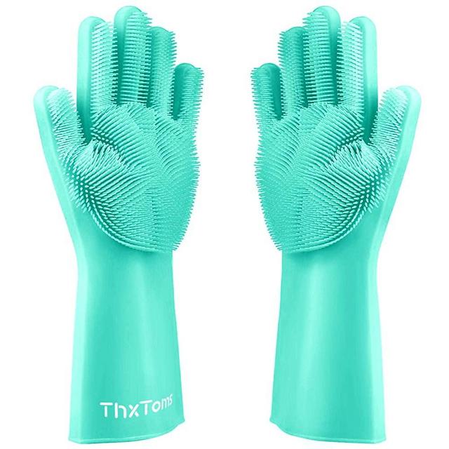ThxToms Dishwashing Gloves, Pair of Rubber Scrubbing Gloves for Dishes, Wash Cleaning Gloves with Sponge Scrubbers for Kitchen, Bathroom and Car (Teal)