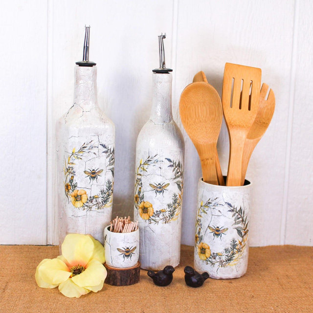 Bee Wildflower and Lavender Wreath Kitchen Set | French Country Kitchen | Oil Cruet | Utensil Holder/Vase | Cookie Jar/ Storage Container