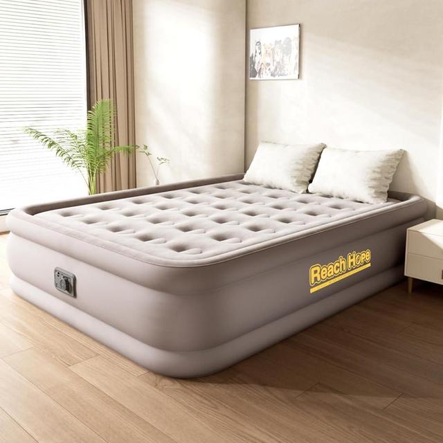 REACH HOPE Air Mattress Queen with Built in Pump, Self-Inflatable Queen Size Air Mattress, Blow Up Double Bed with Storage Bag, Colchones Inflables Air Bed for Indoor & Outdoor.(18" Queen, Khaki)