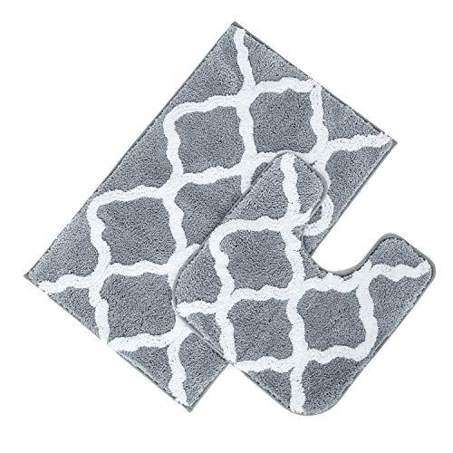 Pauwer Bath Rug Set 2 Piece Bathroom Contour Rug Combo Non Slip Microfiber Bath Shower Mat and U-Shaped Toilet Rug (21" x 34"+20"x 20", Grey and White)
