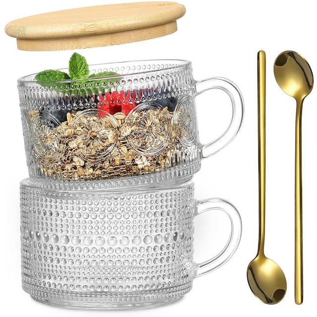 Vintage Coffee Mugs, Overnight Oats Containers with Bamboo Lids and Spoons - 14oz Clear Embossed Glass Cups, Cute Coffee Bar Accessories, Iced Coffee Glasses, Ideal for Cappuccino, Tea, Latte, 2 Pack