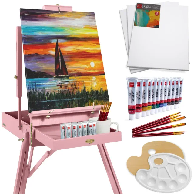 Best Choice Products French Easel, 32pc Beginners Kit Portable Wooden Adjustable Tripod w/ Paint Supplies - Pink