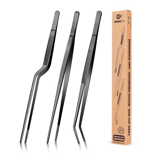 Fine Cooking Tweezers Set, Professional Stainless Steel Food Tongs, Kitchen Black Long Chef Tweezer for Cooking, Plating, Decorating and BBQ (BLACK, 10 inch)