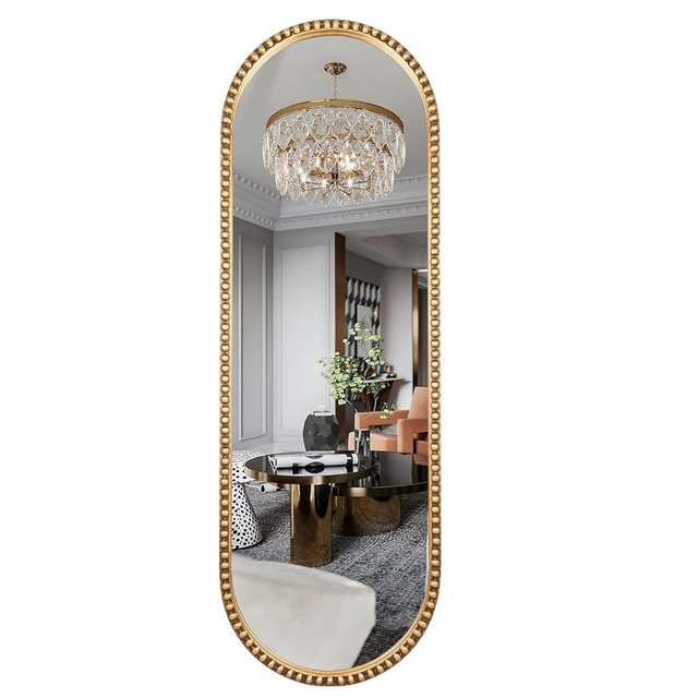 Fobule Oval Full Length Mirror, 16"x47" Metal Beaded Frame Mirror for Wall, Large Hanging Dressing Floor Mirror for Bedroom, Living Room, Entryway, Antique Gold (No Stand)