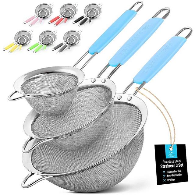 Zulay (Set of 3) Stainless Steel Mesh Strainer - Strainers Fine Mesh & Wire Sieve with Non-Slip Handles - Assorted Kitchen Strainer For Sifting, Straining, & Draining (3.3”, 5.5”, 7.5” Sizes) - Blue