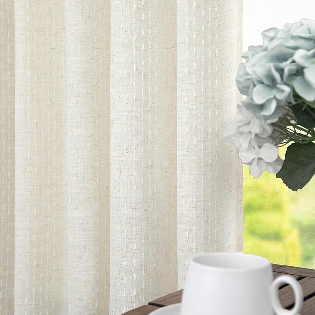 Ivory Cream Curtains Embroidered Pattern 96 Inch Long for Living Room 2 Panels Back Tab Pocket Pinch Pleated Hook Belt Western Boho Drape Rustic Country Aesthetic Semi Sheer Linen Curtains for Bedroom
