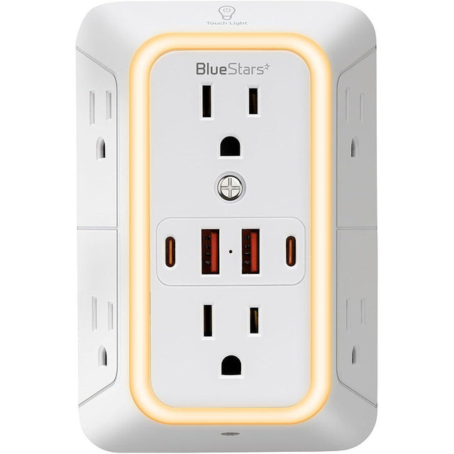 Wall Mount Power Strips Wall Charger 6 Outlet Extender 4 USB Ports (5V, 2.4A, 12W) and Night Light 3-Sided Power Strip with Adapter Spaced Outlets - Multi Plug Outlet Surge Protector for Home Office