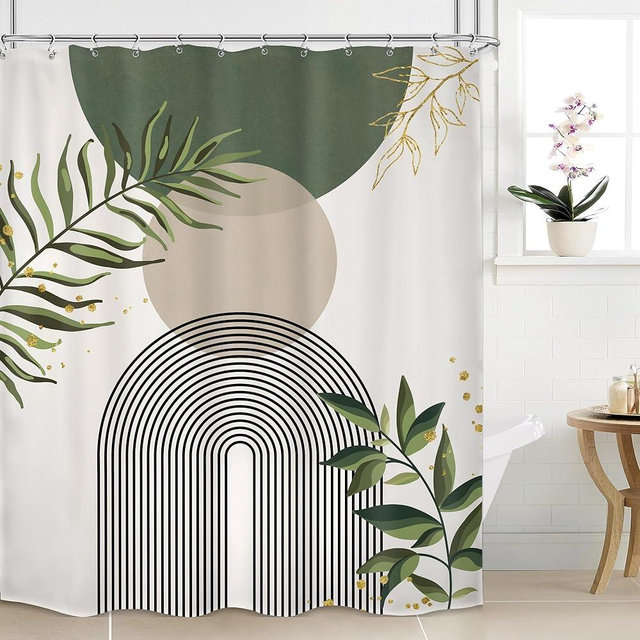 Mitpok Sage Green Boho Mid Century Shower Curtain 60Wx72H Abstract Gold Leaves Plant Grey Modern Sun Bathroom Decor Minimalist Geometric Arch Line Aesthetic Bath Curtain Fabric Polyester 12 Pack Hooks