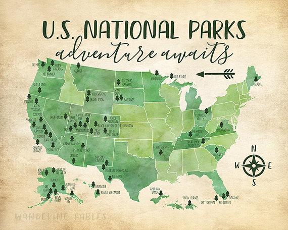 US National Parks Map, Adventure, Mountains, Parks, Rivers, Tribal, Watercolor Green, Kids Bedroom, Classroom, Educational | WF532