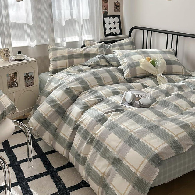 mixinni Full Comforter Set Green Geometric Checkered Plaid Bedding Comforter Set Men Boys Modern Style All Season Soft Fluffy Lightweight Bedding Set-Full Size