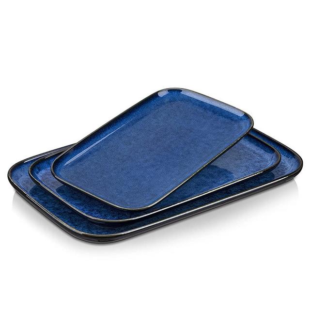 vancasso Stern Serving Platters Set of 3, 15/ 13/ 11 Inches Rectangular Stoneware Plates, Blue Serving Trays for Dinner, Party