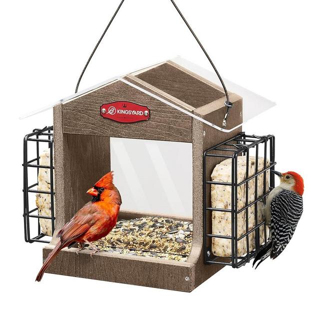 Kingsyard Bird Feeder for Outdoor Hanging - Recycled Plastic Double Suet Cages Wild Bird Feeder with Metal Mesh Tray and Rainproof Roof, 2.5 LBS Large Capacity. Brown