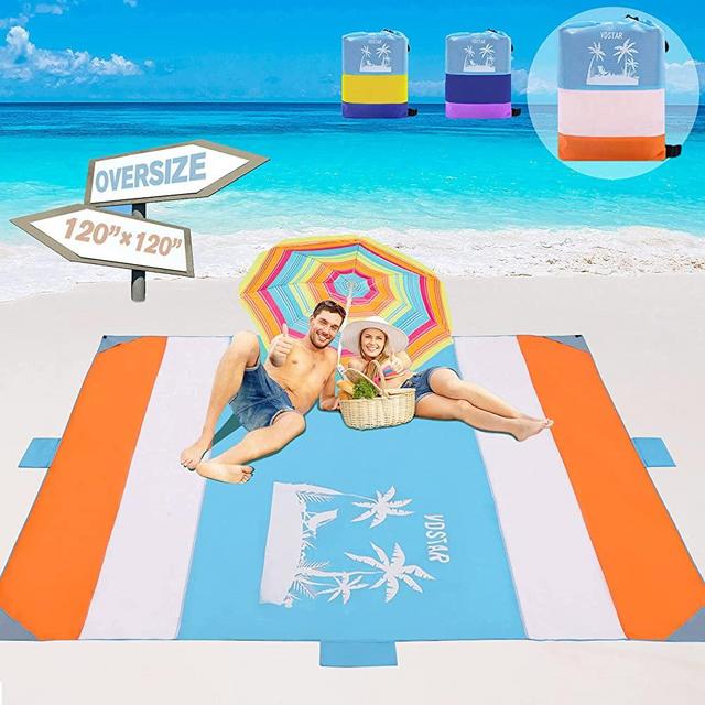 VDSTAR Beach Blanket, Extra Large 120"×120"(10'×10') Picnic Blanket for 5-9 Adults, Triple Anchored with 4 Corner Sand Pockets, 4 Storage Pockets and 5 Stakes, for Vacation,Travel, Camping, Hiking