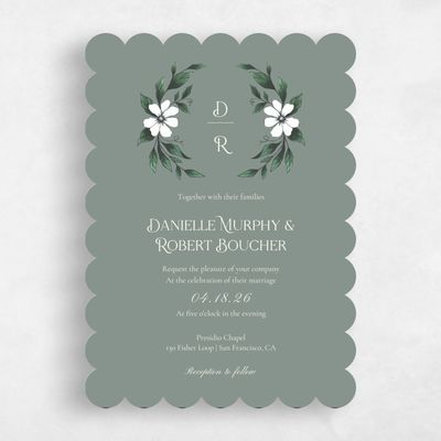 Green Scalloped Wedding Invitation - Melcher Wreath