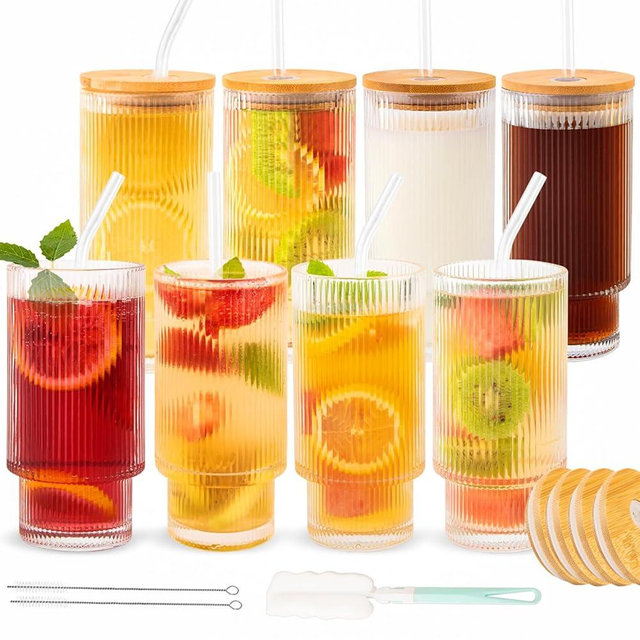 SogYupk 8Pcs Glass Cups with Bamboo Lids and Straws, ribbed glassware, Bamboo Lid Water Cups, Stackable Glass Cups, Suitable for Coffee, Fruit Juice, Cocktails, Beer, Vintage Glass Cups(11oz).