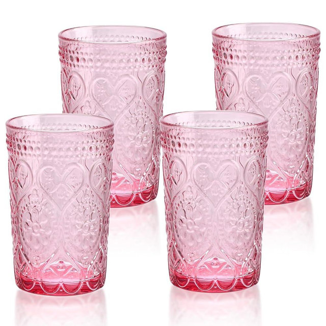GLASS SMILE Vintage Drinking Glasses Set of 4-12 OZ Pink Embossed Old Fashioned Water Glasses Tumblers for Whisky, Beer, Juice, Beverages, Cocktail