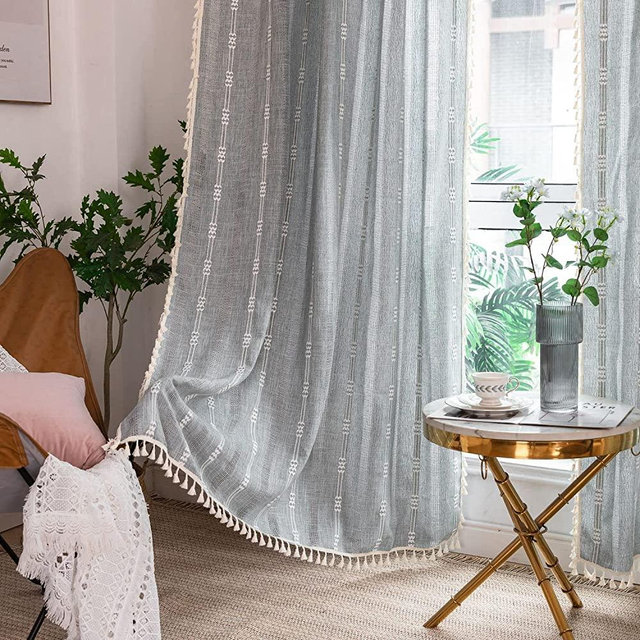 Boho Curtains for Bedroom Embroidery Striped Farmhouse Curtains 84 Inches Long 2 Panels Set Blue Linen Curtains Tassel Bohemian Semi-Blackout Window Curtains for Living Room ( 52" W x 84" L,Blue)
