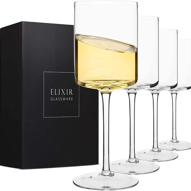 Square Wine Glasses Set of 4 - Crystal Wine Glasses 14oz in Gift Packaging - Large Red Wine Glass on Long Stem - Unique Modern Shape - Lead-Free - For White Red Wine