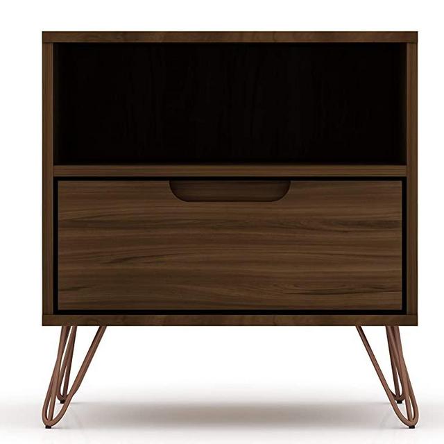Manhattan Comfort Rockefeller Mid-Century Modern 1 Drawer Bedroom Nightstand, 20.08", Brown